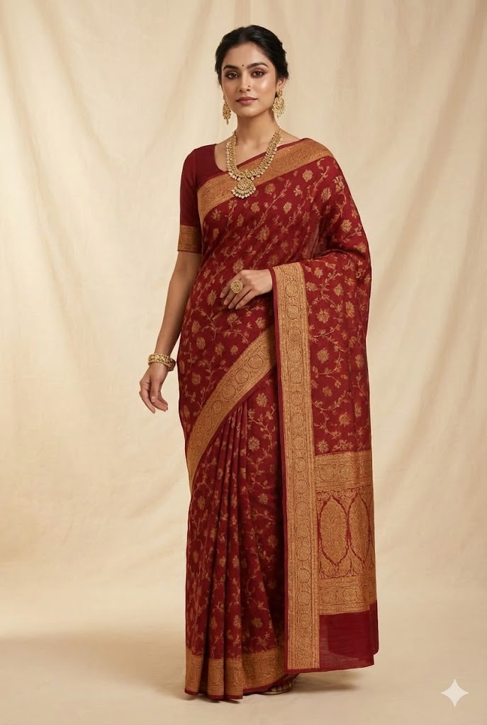 ট্রেডিশনাল মেরুন বেনারসি শাড়ি - গোল্ডেন বর্ডার